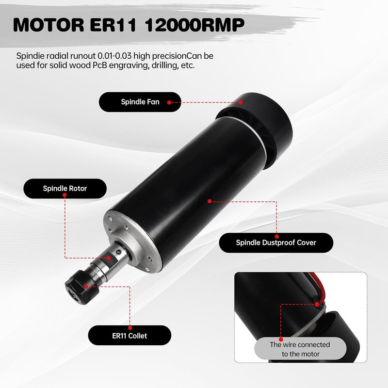 RATTMMOTOR 500W Spindle Motor CNC Air Cooled Spindle Motor ER11 12-100VDC 0.5NM 12000RPM + 52mm Spindle Motor Mount Clamp for CNC Router Milling Machine - Image 3